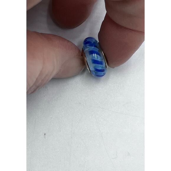 Pandora Sterling Blue Striped Zig Zag Murano Glass Charm Style #790611 Retired - Picture 3 of 4